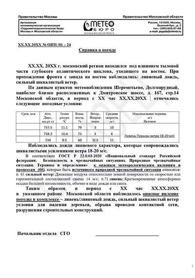 Образец справки о погоде