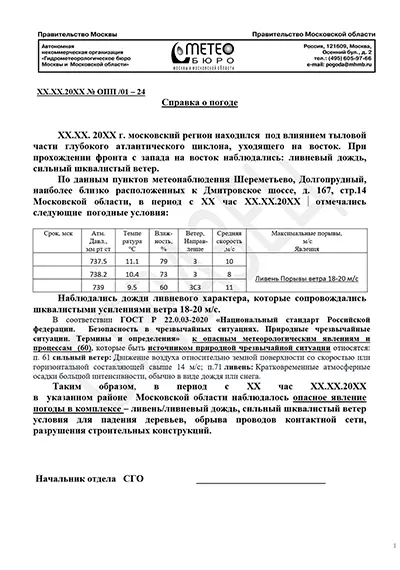Образец справки о погоде